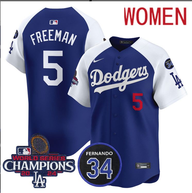 Women MLB Los Angeles Dodgers #5 Freeman blue 2024 World Series Champions Patch Limited Jersey->women mlb jersey->Women Jersey